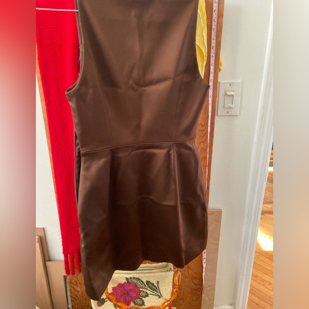 Aritzia Satin Silk Brown Mini Dress Square High Neck - Picture 9 of 10